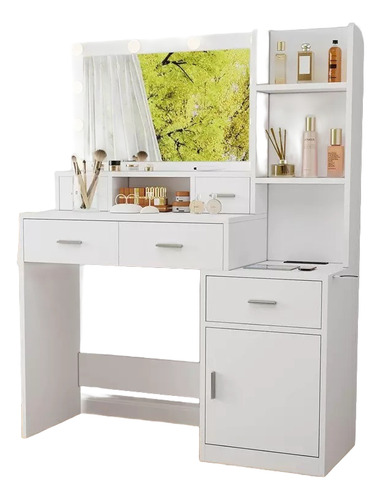 Tocador De Maquillaje Moderno Con Espejo Led Y Portasecadora Blanco