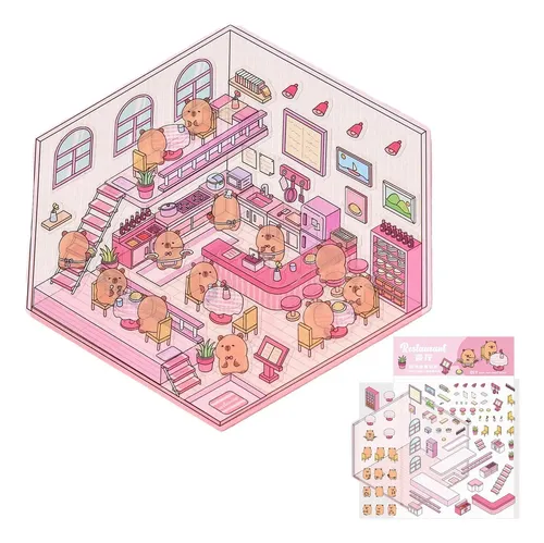 Juego De 8 Pegatinas 3D Para Casitas En Miniatura - Escenas De Cafetería, Restaurante, Supermercado, DIY Para Adultos Y Niños