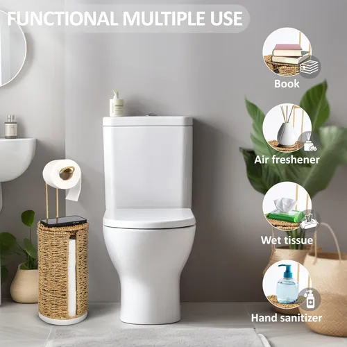 Soporte De Papel Higiénico De Mimbre Independiente Con Tapa,