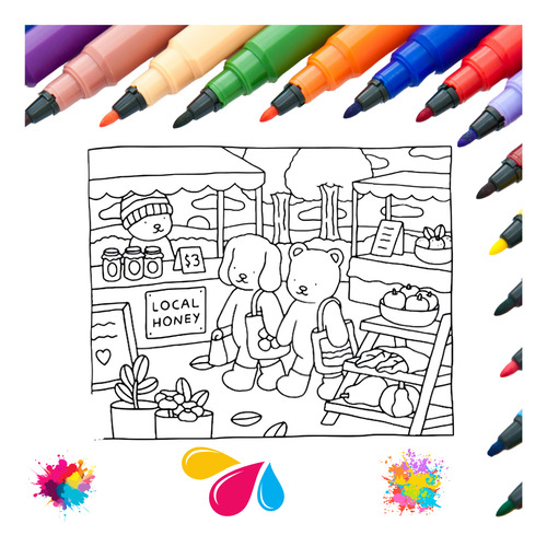 Kit Livro Colorir Urso Bob (azul) Capa Dura + 36 Canetas Touch Ponta Dupla