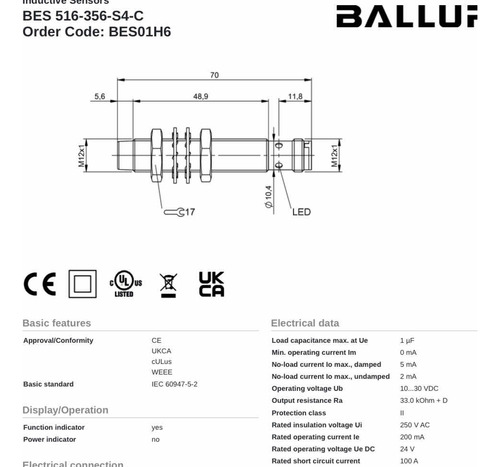 Indutivo M12 4mm Pnp Balluff Bes01h6 Bes 516-356-s4 Bes02jm