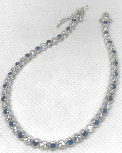 Pulsera Modelo Tenis Piedras Engarzadas Azul Blanco Plata