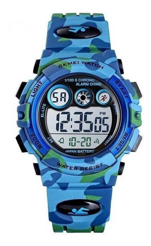 Reloj de pulsera Skmei 1547 de cuerpo color azul claro, digital, para niños, fondo gris, con correa de poliuretano color azul claro, dial negro, minutero/segundero negro, bisel color azul claro, luz multicolor y hebilla simple