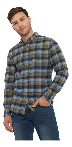 Camisa Hombre Check Slim Azul Corona