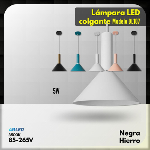 Lampara Led Colgante 5w Negra 3500k 85-265v Hierro Mod Dl107