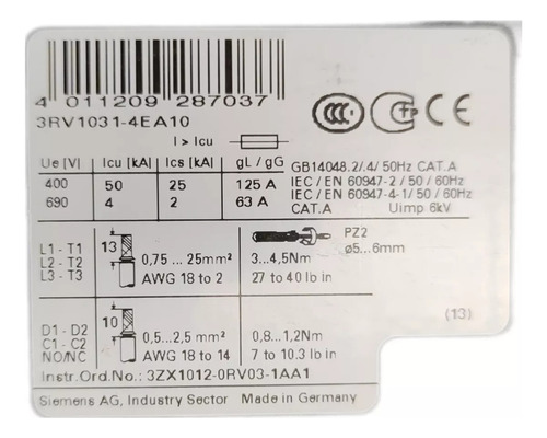Disjuntor Motor Siemens 3rv1031-4ea10 Regulagem 22-32a