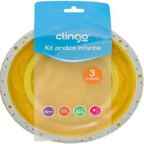 Kit 3 Pratos Coloridos Clingo Com Base E Bordas Em Silicone Cor Amarelo