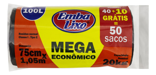 Saco para Lixo 100l Embalixo 40 Unidades Grátis 10 Unidades Mega Econômico