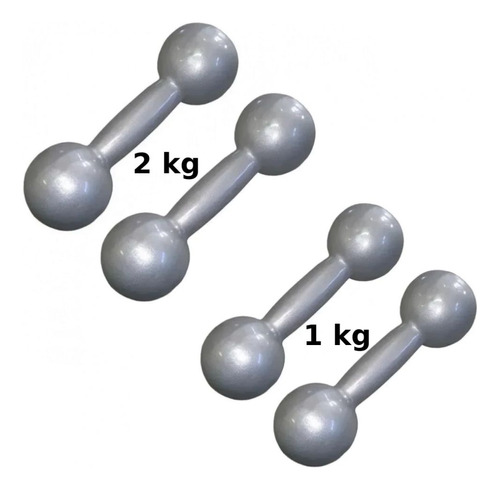 Kit 1 Par Halteres 2kg + 1 Par 1 Kg Emborrachado Cinza