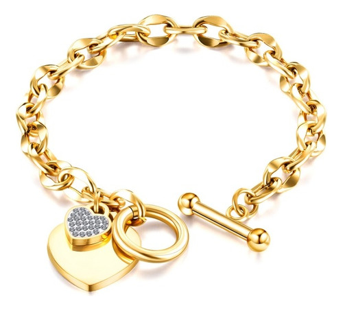 Pulsera Brazalete Acero Inoxidable Chapado Oro Dije Corazón