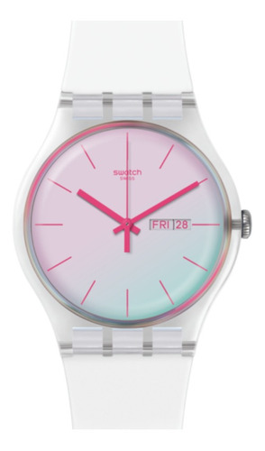 Reloj de pulsera Swatch Originals POLAROSE de cuerpo color transparente, analógico, para mujer, fondo rosa y celeste, con correa de silicona color blanco, agujas color rosa, dial rosa, bisel color plateado y hebilla simple