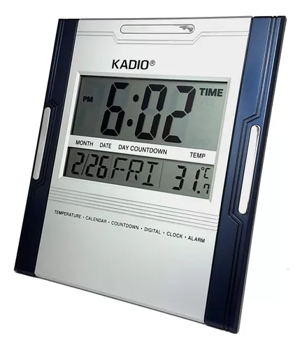 Reloj de Pared Digital Radio Controlado - Calendario - 6 Idiomas - 2  Alarmas - Temperatura Ambiente - Pared o Base - 24 x 14CM - Motivo Madera