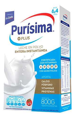 Leche En Polvo Entera Purisma Plus 800g Fortificada