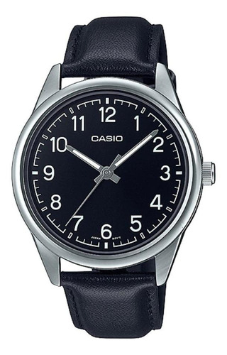 Relógio de pulso Casio MTP-V005 com corria de couro cor preto - bisel prateado