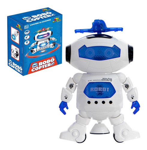 Brinquedo Mini Robô Coptero Que Dança Com Musica E Luz Cor Branco e Azul Personagem Robôcóptero