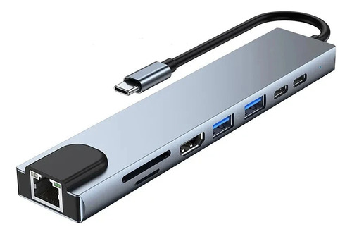 Hub 8 En 1 Usb 3.0 Tipo C Hdmi Ethernet Rj45 Micro Sd Carga