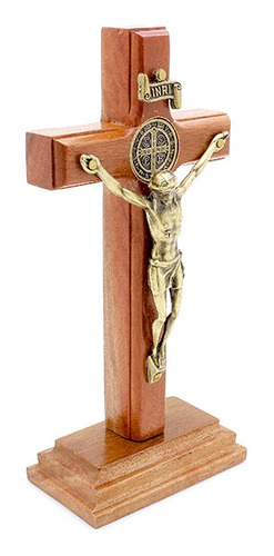 Mini Crucifixo Madeira Mesa Medalha São Bento 12cm