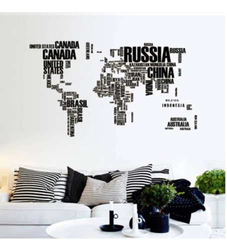 Vinil Decorativo Mapa Mundi Nombre Paises Negro Sticker Para Pared