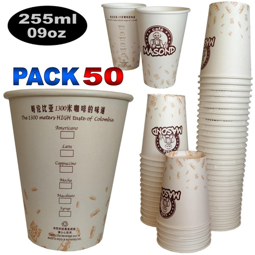 Imagen 1 de 2 de Pack 50 Vasos Parafinado Para Café De 255ml 9oz Sin Tapa