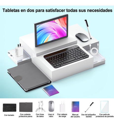 Tablet VUEKIME Tableta Android 14, 10.1 Pulgadas, Octa-Núcleo, G + G Capacitiva, Cámara Dual, 12 GB de RAM + 128 GB de ROM, Tableta 2 en 1 con Teclado Mouse Funda y Lápiz Óptico
