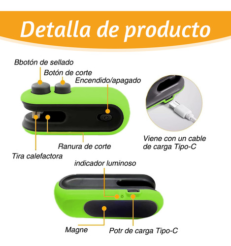 Maquina Para Sellar Sellador De Bolsas Para Snacks/alimentos Recargable Color Verde