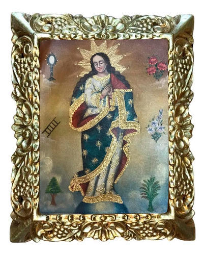 Quadro Religioso Cusquenho Óleo Sobre Tela Moldura Dourada