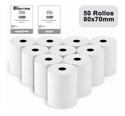 Rollos Papel 80x70 mm térmico blanco de 50 unidades por pack