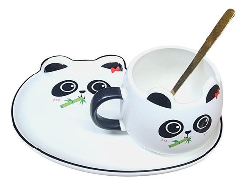 Kit Xícara Cerâmica Panda Com Pires Prato Colher Para Café Cor Panda-Comendo