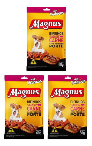 Kit 3un Petisco Para Cães Pequeno Bifinho Magnus Carne 60g