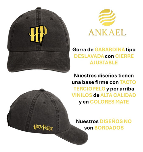 Gorra Harry Potter Ajustable Deslavada Negra Dorado
