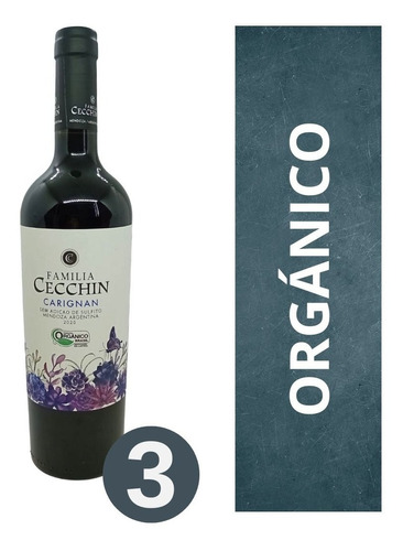 Imagen 1 de 10 de Vino Orgánico Carignan Familia Cecchin 3x750 Cc/sin Sulfitos