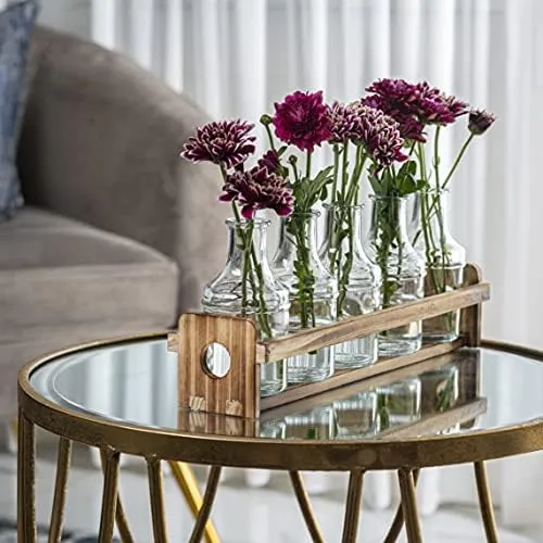 Florero De Vidrio Con Soporte De Madera Y 5 Floreros Para Fl