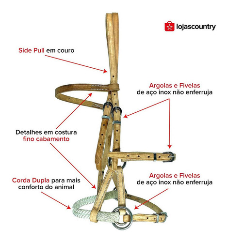 Side Pull Cabeçada Freio Cabresto Doma Cavalo Cor Marrom Claro (natural)
