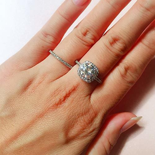 Juego De Anillos De Compromiso Con Halo Redondo Acentuado A