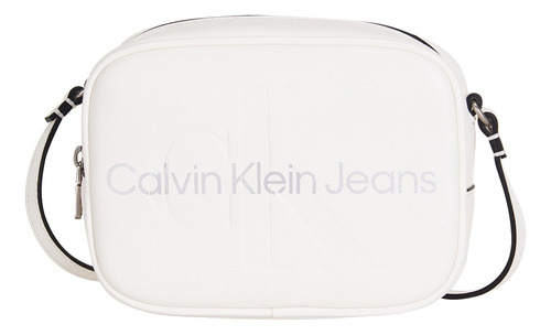 Bolsa bandolera Calvin Klein K60K610275 de poliuretano  white y silver logo con correa de hombro blanca asas color azul claro y herrajes níquel