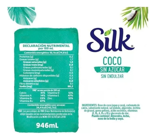 6 Pack Silk Leche De Coco 946 Ml S/azúcar