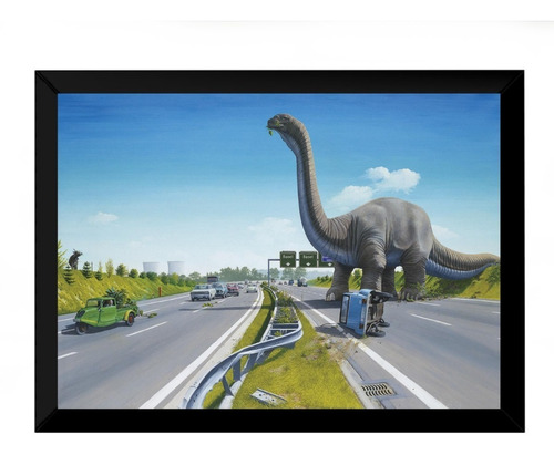 Quadro Decoração Retro Vintage Dinossauro Na Pista 42x29cm