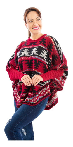 Imagen 2 de 3 de Poncho Loana Corte Redondo Patrón Étnico Multicolor
