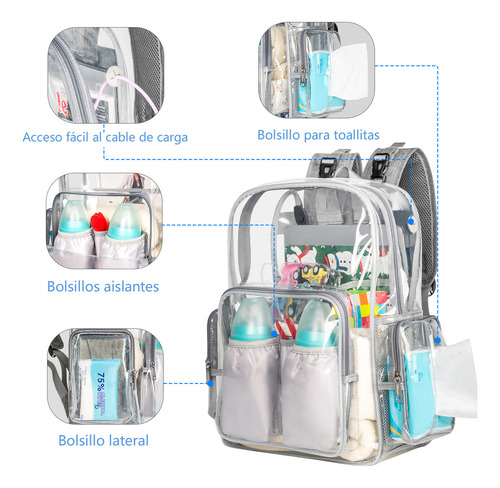 Mochila Pañalera Transparente Multifunción Bolso Para Bebé Grande Y Resistente Con Correas Para Cochecito Color Gris Ideal Para Mamás Niñas Y Niños 1047 Matein