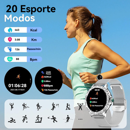 Relógio Smartwatch Mulheres Hk27 Prata 1.31in 41mm Clássico Mostrador Redondo Decoração De Diamante 2pulseira Ip67 Com Bluetooth Gpt Lançamento2025