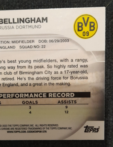 Carta Topps Borussia Dormund Jude Bellingham Rookie Figurita Jude Bellingham Estadio