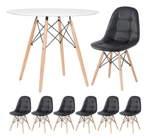 Kit Mesa Jantar Eames 90 Cm E 6 Cadeiras Estofada Botone Cor Mesa Branco Com Cadeiras Preto