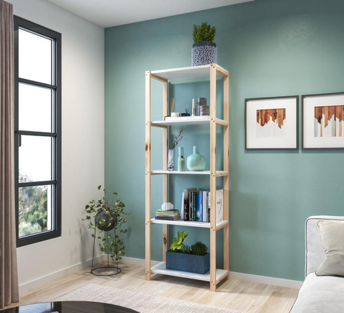 Mesa de estudio y estantería para oficina en casa con estantes de madera blancos