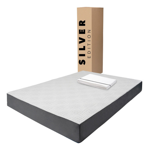 Colchón Matrimonial En Caja 20 Cm Altura + Juego De Sábanas Blanco Con Gris