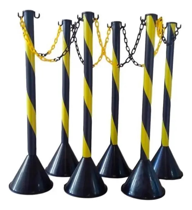 6 Pedestal Sinalização Organização + 10m Corrente Zebrada Amarelo E Preto