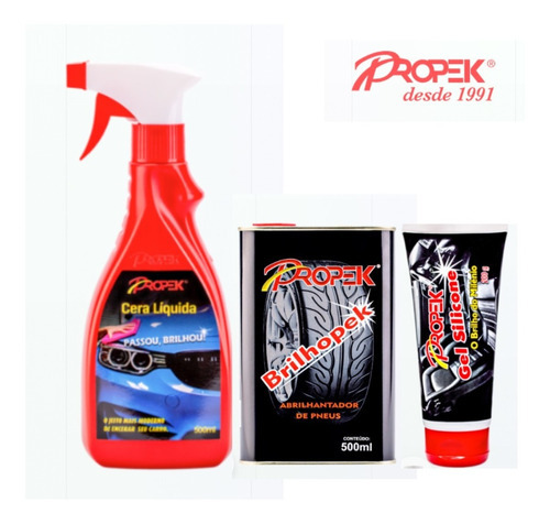 Kit Propek Renovador Pretinho Pneu + Cera Spray + Gel Silic. Cor Preto