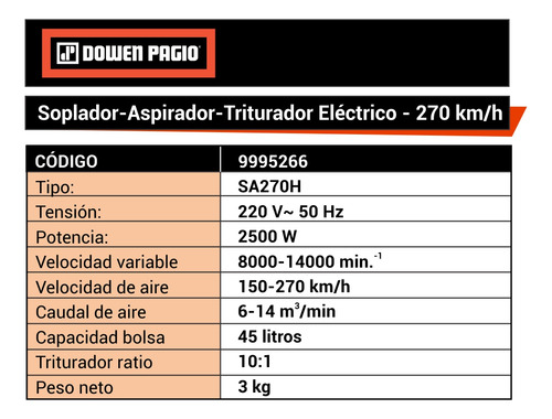 Imagen 2 de 4 de Sopladora Aspiradora Trituradora Eléctrica 2500w Dowen Pagio 9995266