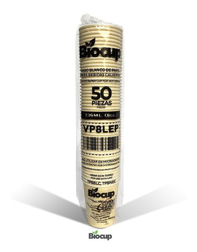 Vaso Ecológico De Papel 8 Oz Letras Biocup, Reciclable 100%