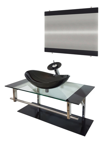 Gabinete De Vidro 90cm Inox Com Cuba Oval Preto Fewt