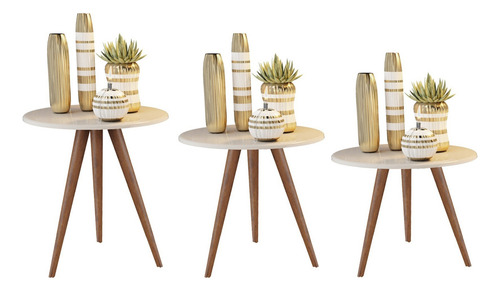 Jogo 3 Mesa Lateral Tati Pé Palito 80cm 60cm 50cm Chapa Pvc Acabamento Fosco Cor Off White